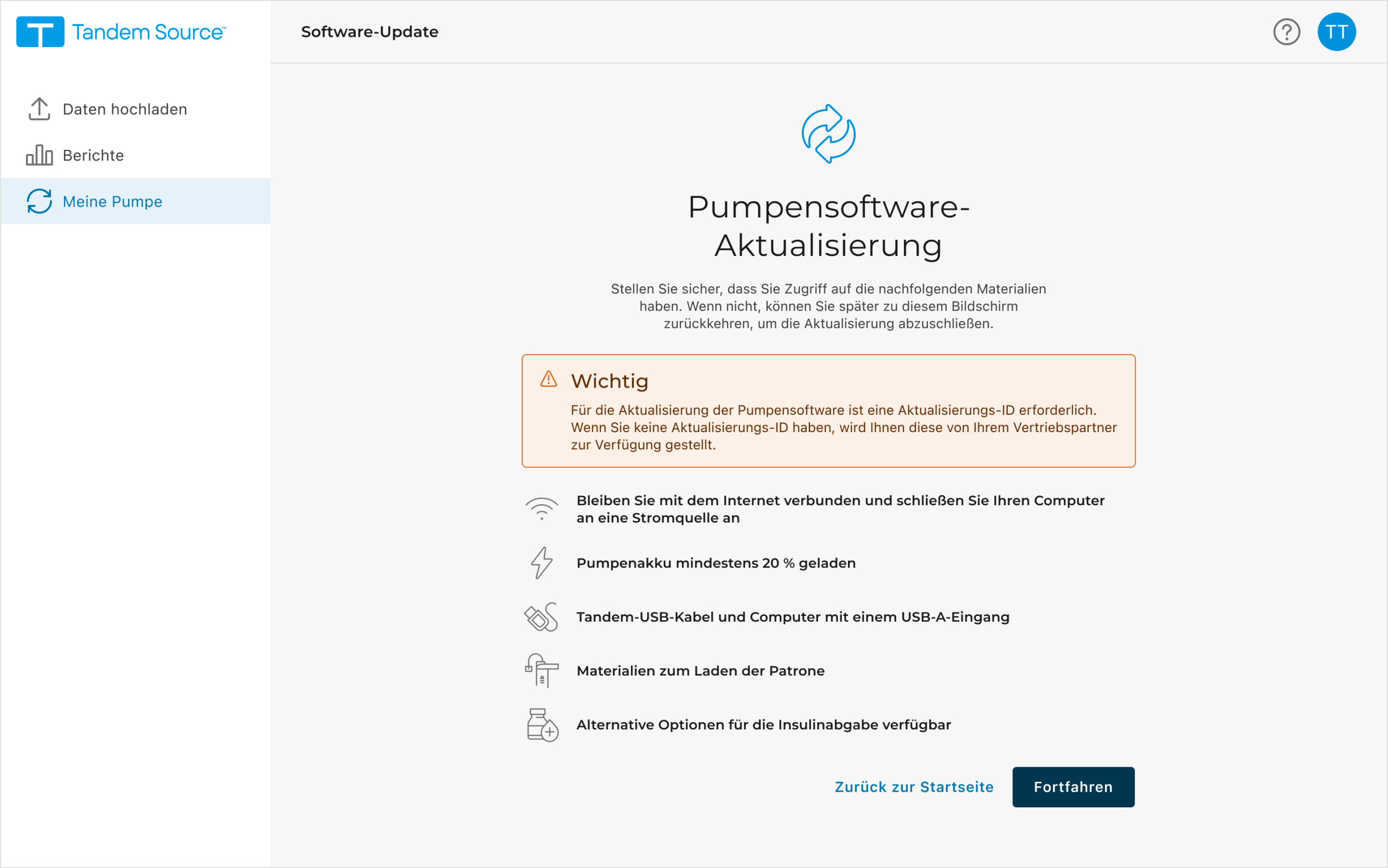Tandem Source, Personal, My Pump, Software Update, Supplies, DE, CM-003093